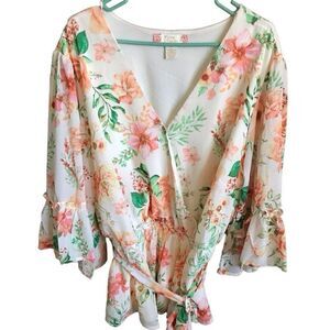 Flying Tomato 3/4 ruffle sleeve orange green top blouse plus Size 3X floral